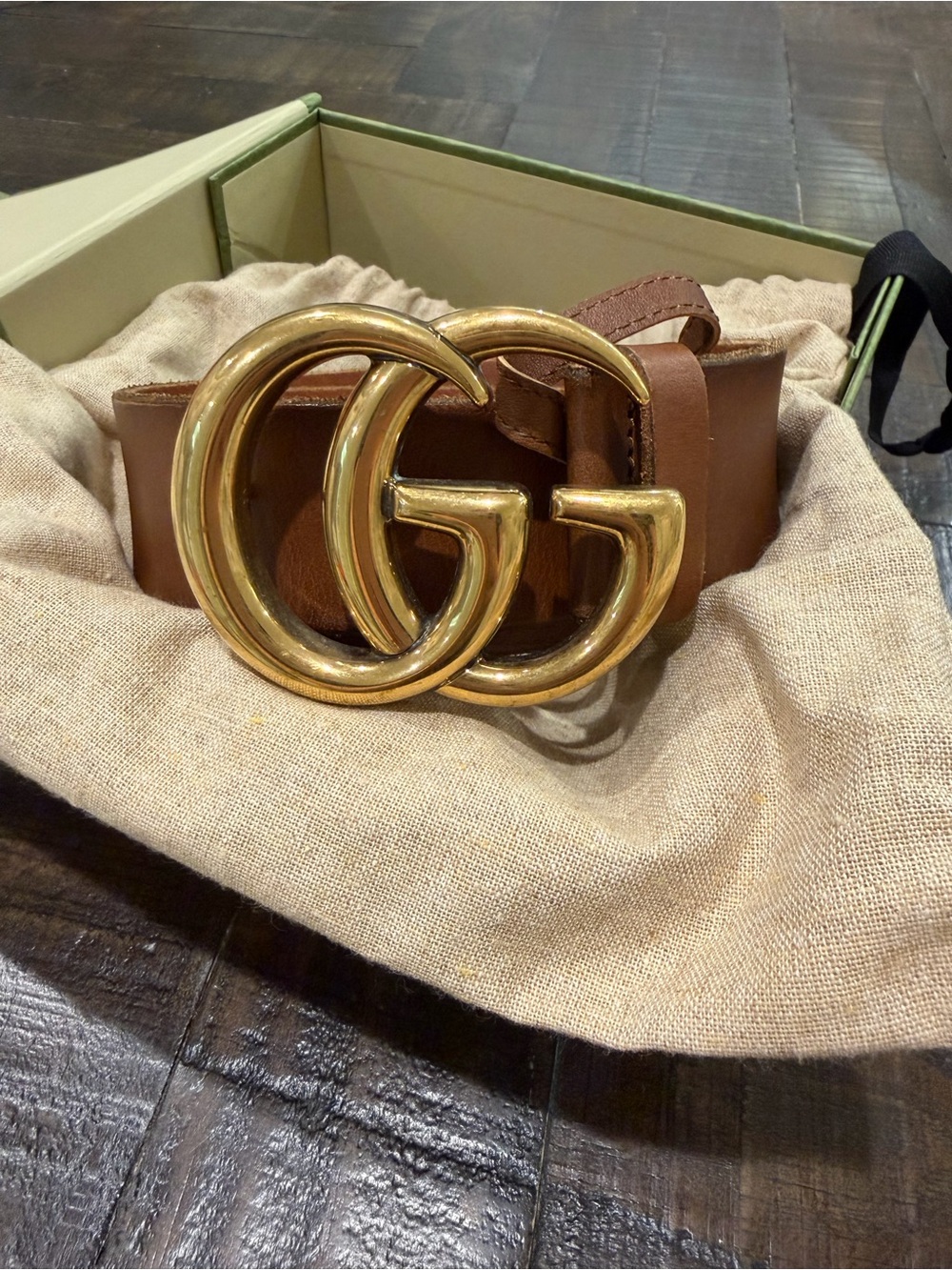 Gucci Brown Wide Leather Belt with Gold Embossed Logo